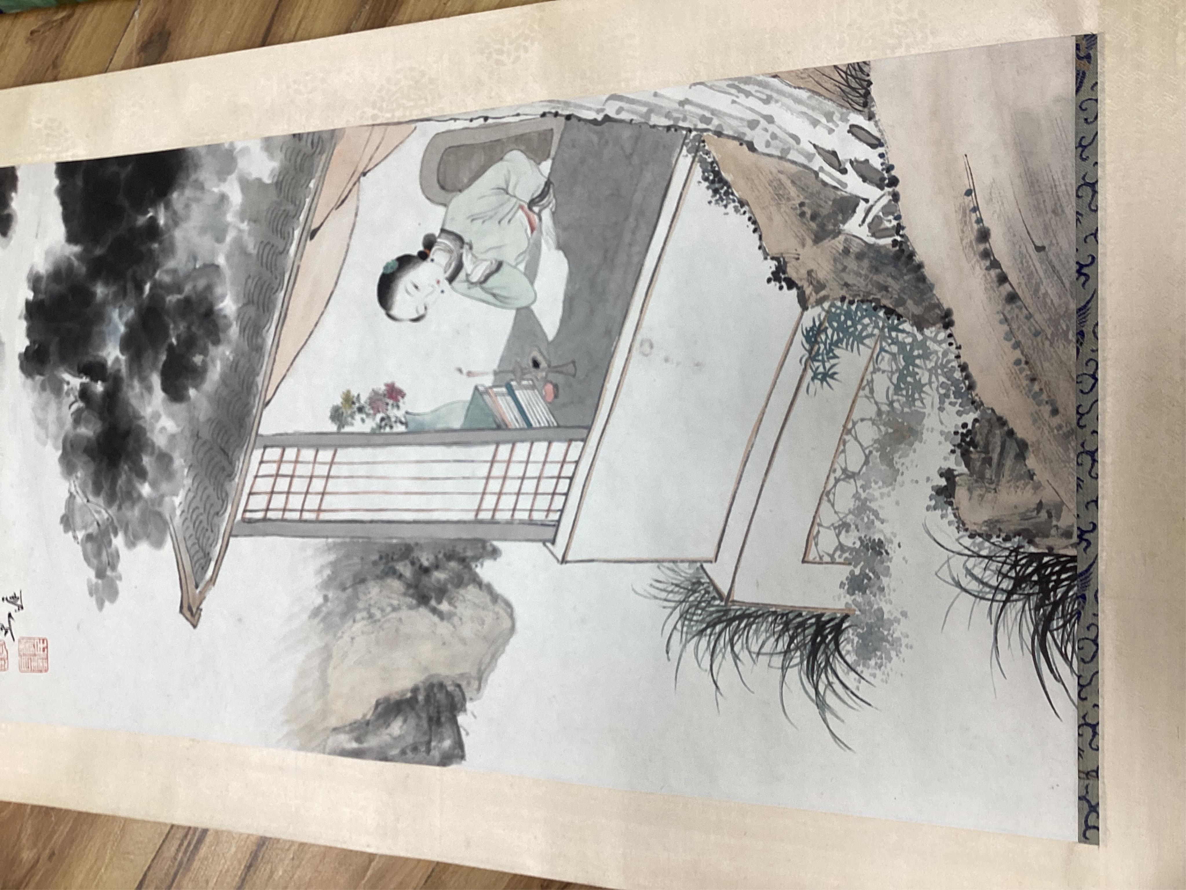 A set of four Chinese scroll paintings of ladies before landscapes, 48cm wide. Condition - fair